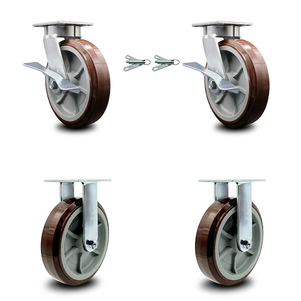 8 Inch Kingpinless Poly on Polyolefin Wheel Caster Swivel Locks 2 Rigid, 2PK